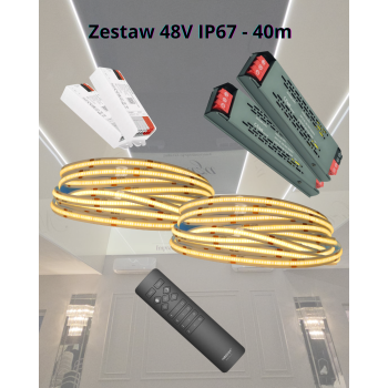 Kompletny zestaw - Taśma LED COB 48V 4000k IP67 40m + 2 zasilacze, 2 sterowniki, pilot